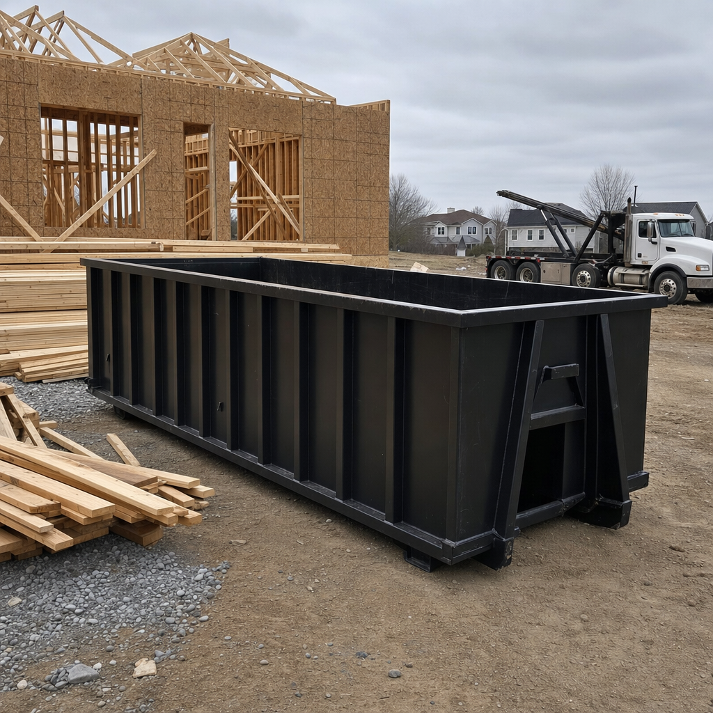 Matte-black 40-yard roll-off dumpster staged on a framed-out residential construction site in Palm Bay, framing lumber stacked nearby, hooklift delivery truck visible in the background under bright Colorado daylight