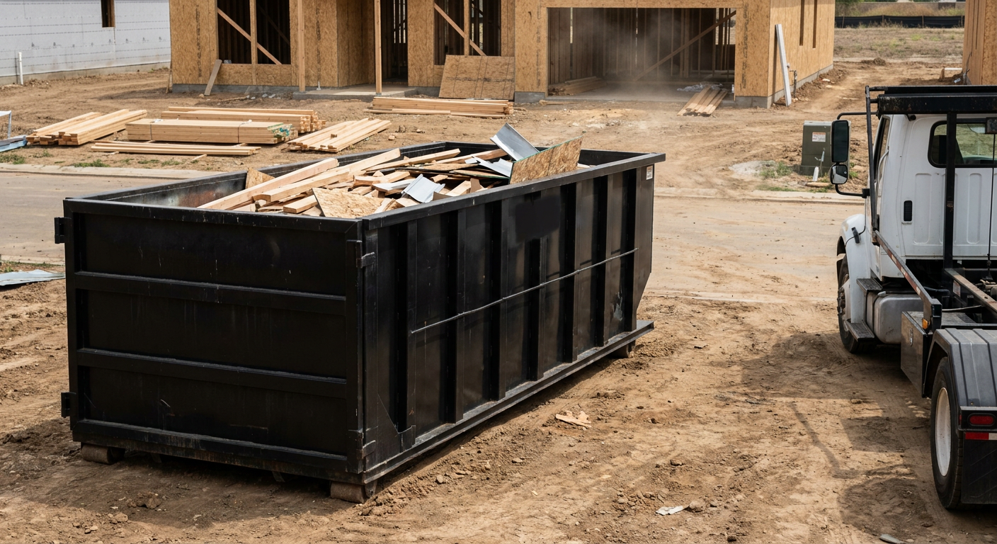 Matte-black 20-yard roll-off construction dumpster with heavy ribbed steel sidewalls and swing rear doors at a working jobsite in Palm Bay, sitting directly on compacted dirt with an unmarked white hauler partially visible at the far edge of the frame.