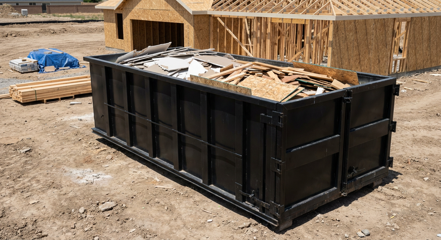Matte-black 30-yard roll-off construction dumpster sitting directly on the compacted-dirt site of a framed single-family home build in Palm Bay, drywall and lumber scrap loaded inside.