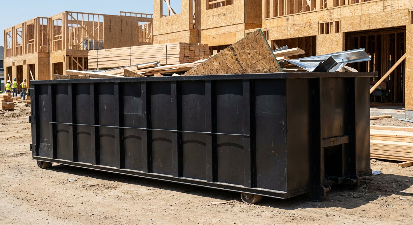 Matte-black 40-yard roll-off construction dumpster being lowered from a white-cab hooklift delivery truck onto the compacted-dirt jobsite at a commercial build site in Palm Bay