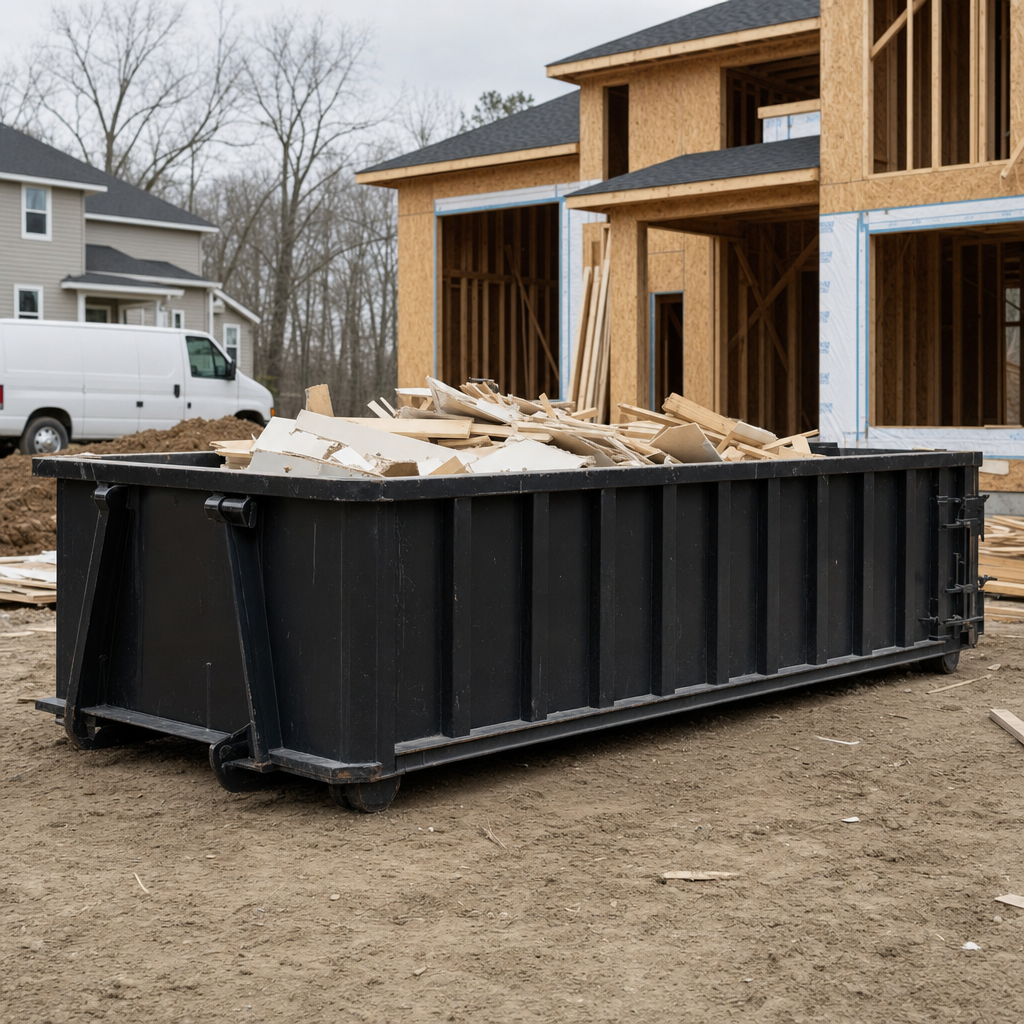 Worker in a yellow high-visibility vest tossing framing lumber and broken drywall into a matte-black 30-yard construction roll-off dumpster on an active build site in Palm Bay, bright daylight