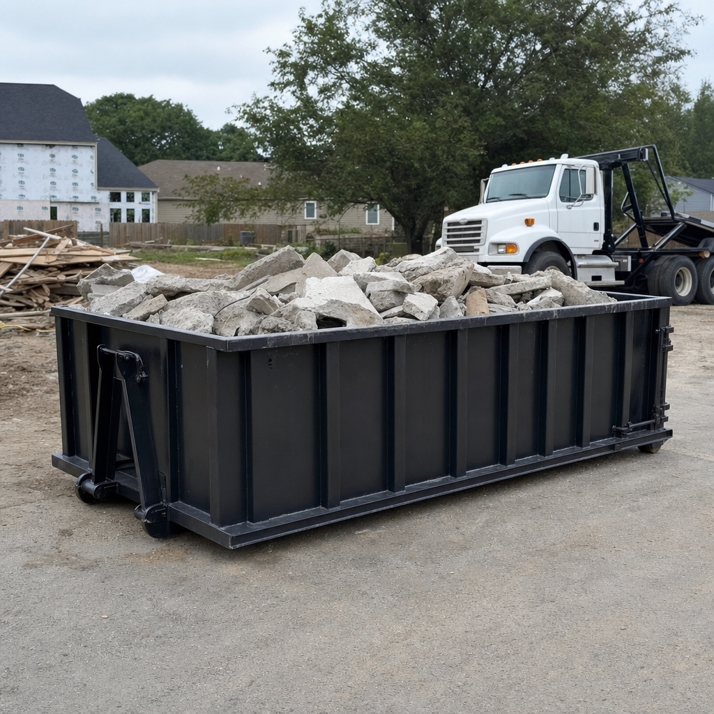 Low-profile matte-black lowboy roll-off dumpster loaded with broken concrete slab and rebar at a foundation tear-out in Palm Bay, skid steer parked beside it, sunny Colorado morning