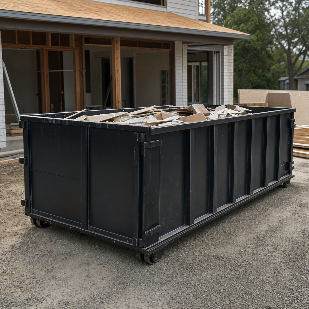 Large matte-black 30-yard construction roll-off dumpster at an active Palm Bay jobsite, steel-gray top rails and bottom rollers visible, loaded with construction debris.