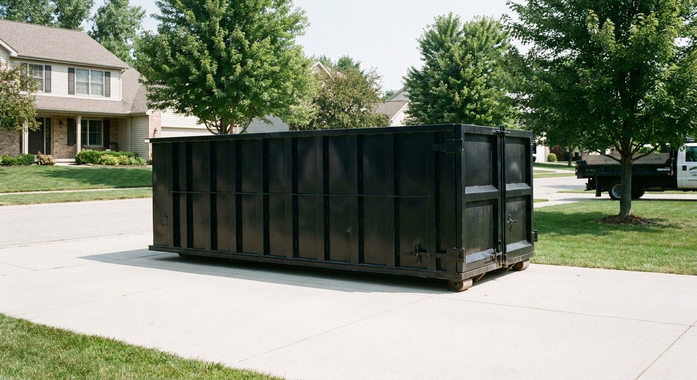 Matte-black 20-yard roll-off dumpster sitting level on a clean Palm Bay residential concrete driveway under bright daylight, demonstrating clean placement directly on the concrete.