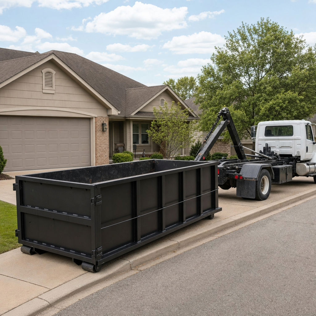 Wide documentary shot of a matte-black roll-off dumpster on a Palm Bay residential driveway in the foreground and a contractor jobsite container in the soft-focus background, bright daylight, calm and orderly composition.