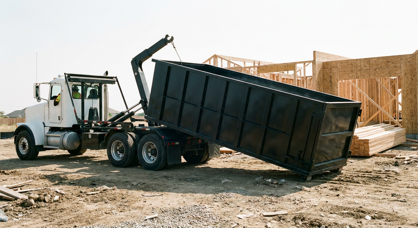 Matte-black roll-off dumpster being delivered onto a clean residential concrete driveway in Palm Bay by an unmarked white hooklift hauler truck, bright morning daylight, documentary 35mm perspective.