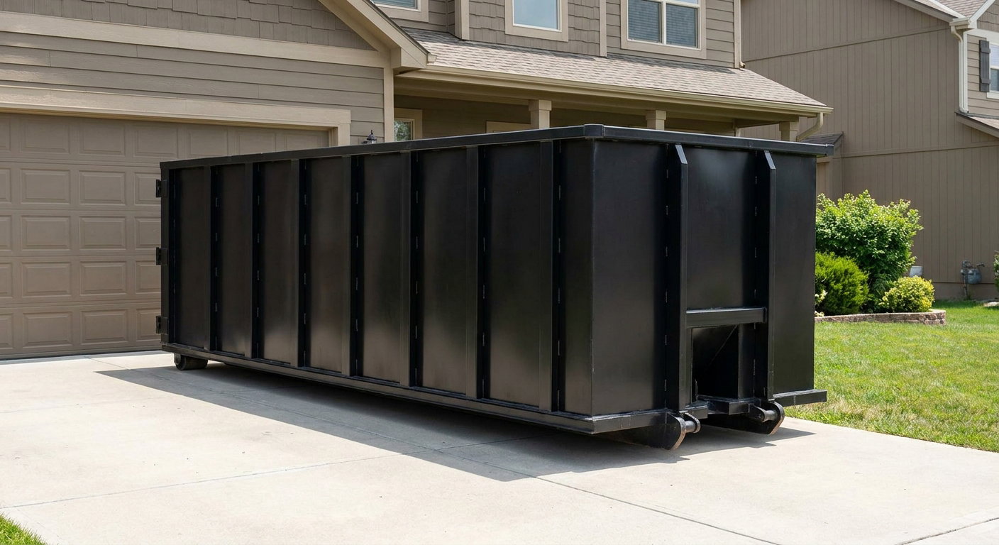 Matte-black residential roll-off dumpster sitting directly on a suburban Palm Bay concrete driveway, garage door closed, single-family home in background, bright morning daylight.