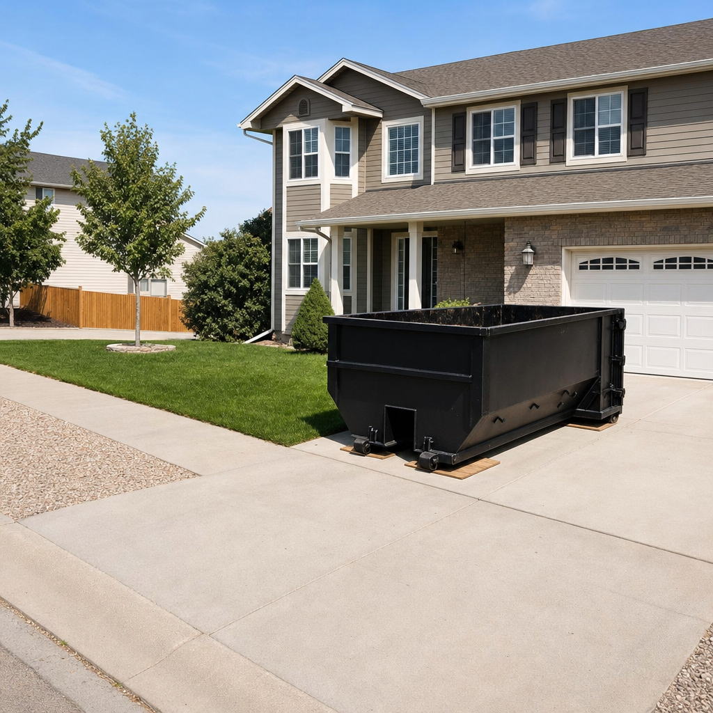 10-yard matte-black residential dumpster placed directly on a narrow Palm Bay concrete driveway, room remains for a parked sedan beside it, mid-morning natural light