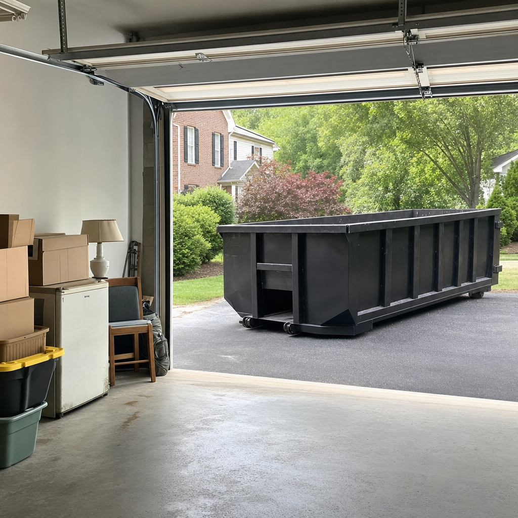 Open garage interior in a Palm Bay home mid-cleanout — boxed items, an old appliance, and stacked yard tools queued near the driveway for a matte-black roll-off dumpster, organized and calm
