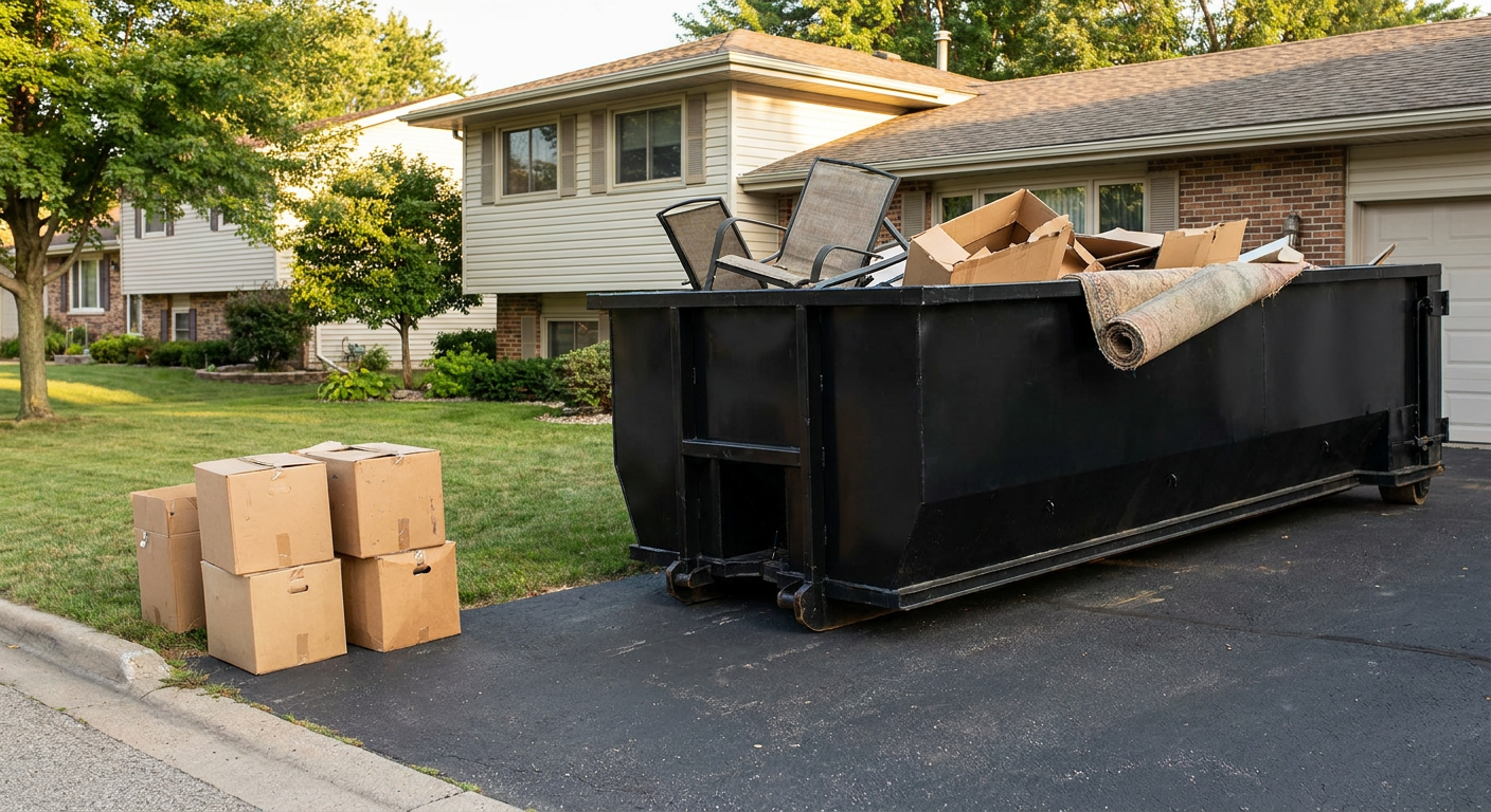 Front-yard view of a Palm Bay split-level home with a 20-yard matte-black roll-off dumpster sitting directly on the asphalt driveway, a few clearly labeled donation boxes staged at the curb, calm sunny afternoon.