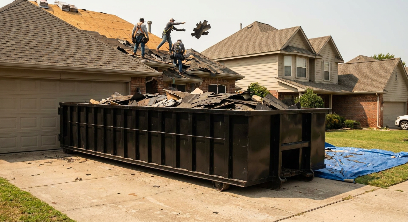 Matte-black roofing roll-off dumpster placed directly on a Palm Bay residential concrete driveway, a tear-off crew on a two-story asphalt-shingle roof tossing shingle bundles into the low-walled container, bright daylight, documentary 35mm perspective.