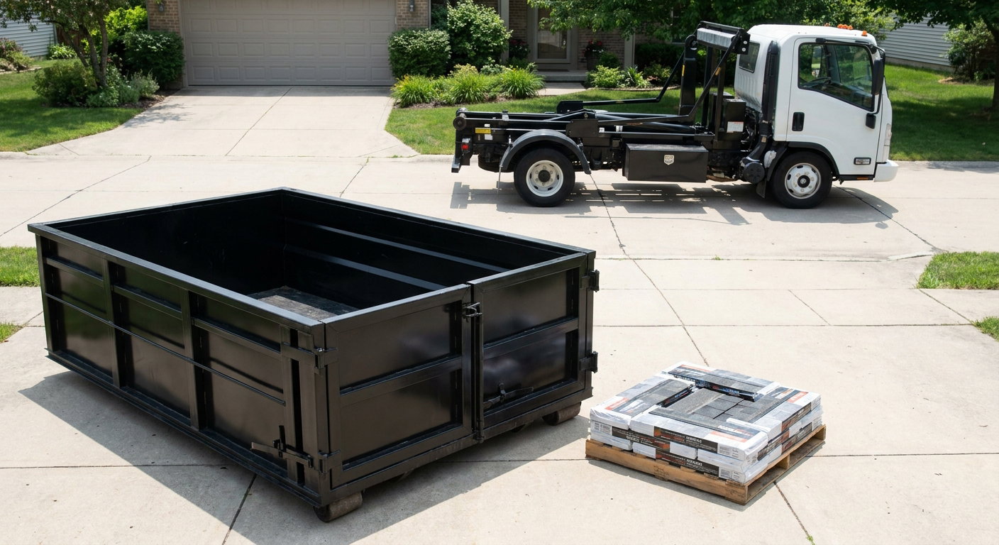Matte-black 15-yard roofing roll-off dumpster with reinforced low side walls sitting directly on a Palm Bay residential concrete driveway, three-tab asphalt shingle bundles stacked nearby, an unmarked white hauler truck partially visible at the edge of the frame.