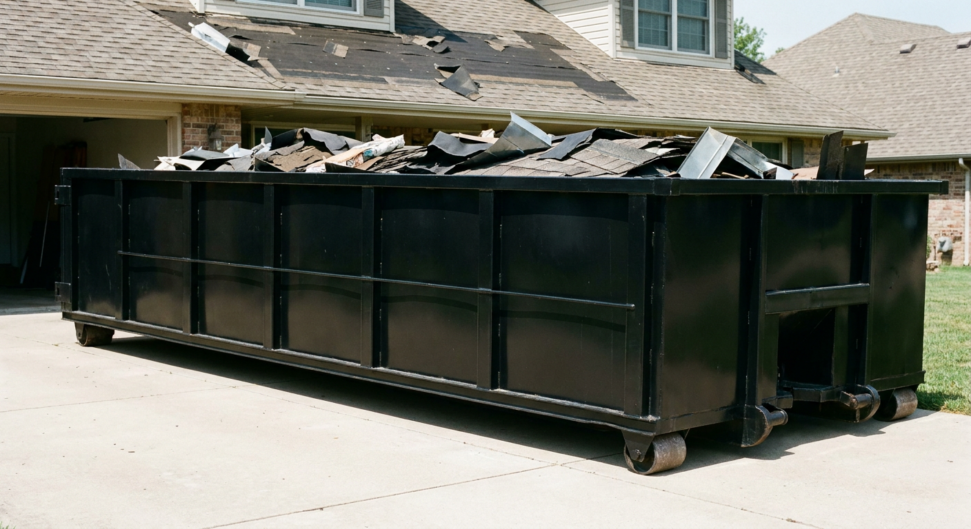 Matte-black 20-yard roofing roll-off dumpster with steel ribbed sides and swinging rear door, sitting directly on the concrete driveway of a two-story Palm Bay home, asphalt shingle debris being loaded over the low wall, clean documentary lighting.