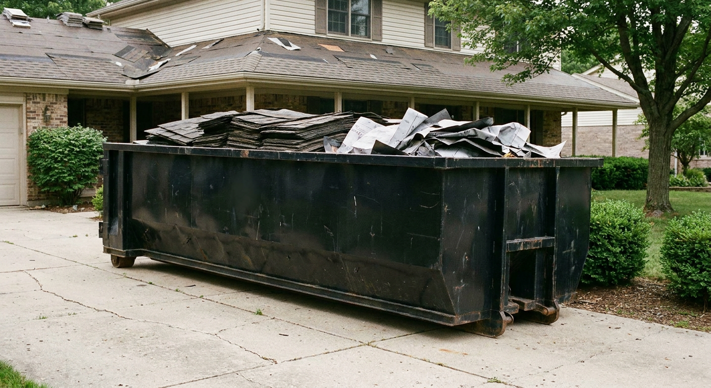Matte-black 30-yard roofing roll-off dumpster sitting directly on a Palm Bay concrete driveway, taller ribbed steel side panels, mixed tear-off debris of asphalt shingles and underlayment inside, professional documentary daylight.