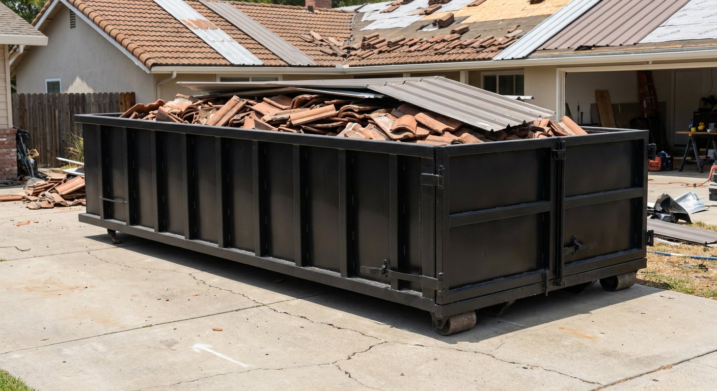 Matte-black low-wall heavy-debris roofing roll-off dumpster sitting directly on a Palm Bay concrete driveway, broken concrete clay roof tiles and metal panel sections loaded inside, reinforced ribbed steel side walls visible, bright outdoor daylight.