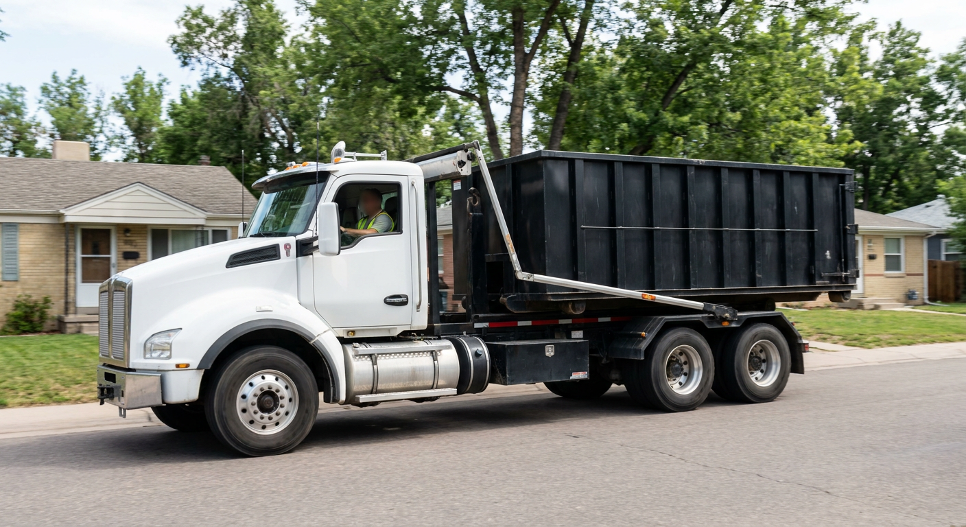 A wide documentary shot of a matte-black roll-off delivery truck pulling onto a quiet Palm Bay residential street at mid-morning, with neighborhood rooftops and tree-lined blocks visible behind, showing the metro coverage footprint.