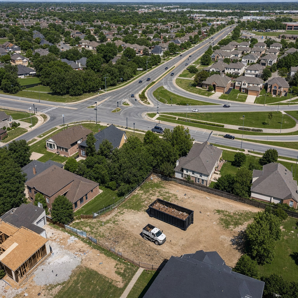 An overhead documentary view of the Palm Bay metro area at midday, showing the spread of neighborhoods, arterial roads, and the dispatch radius from a central yard — clean daylight, organized geographic layout.