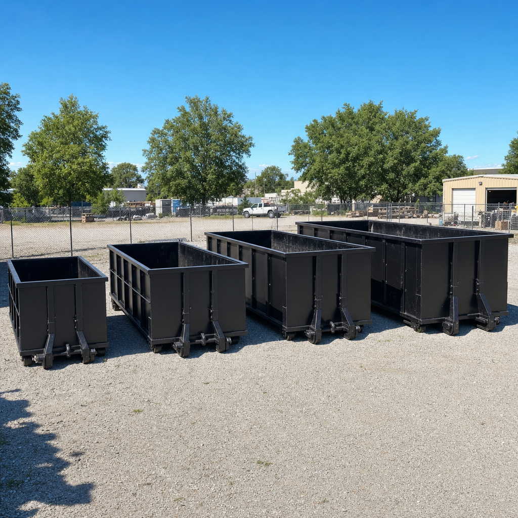 A clean lineup of matte-black roll-off dumpsters in 10, 20, 30, and 40-yard sizes staged on a sunlit gravel yard in Palm Bay, showing the size progression from compact to commercial-scale containers.