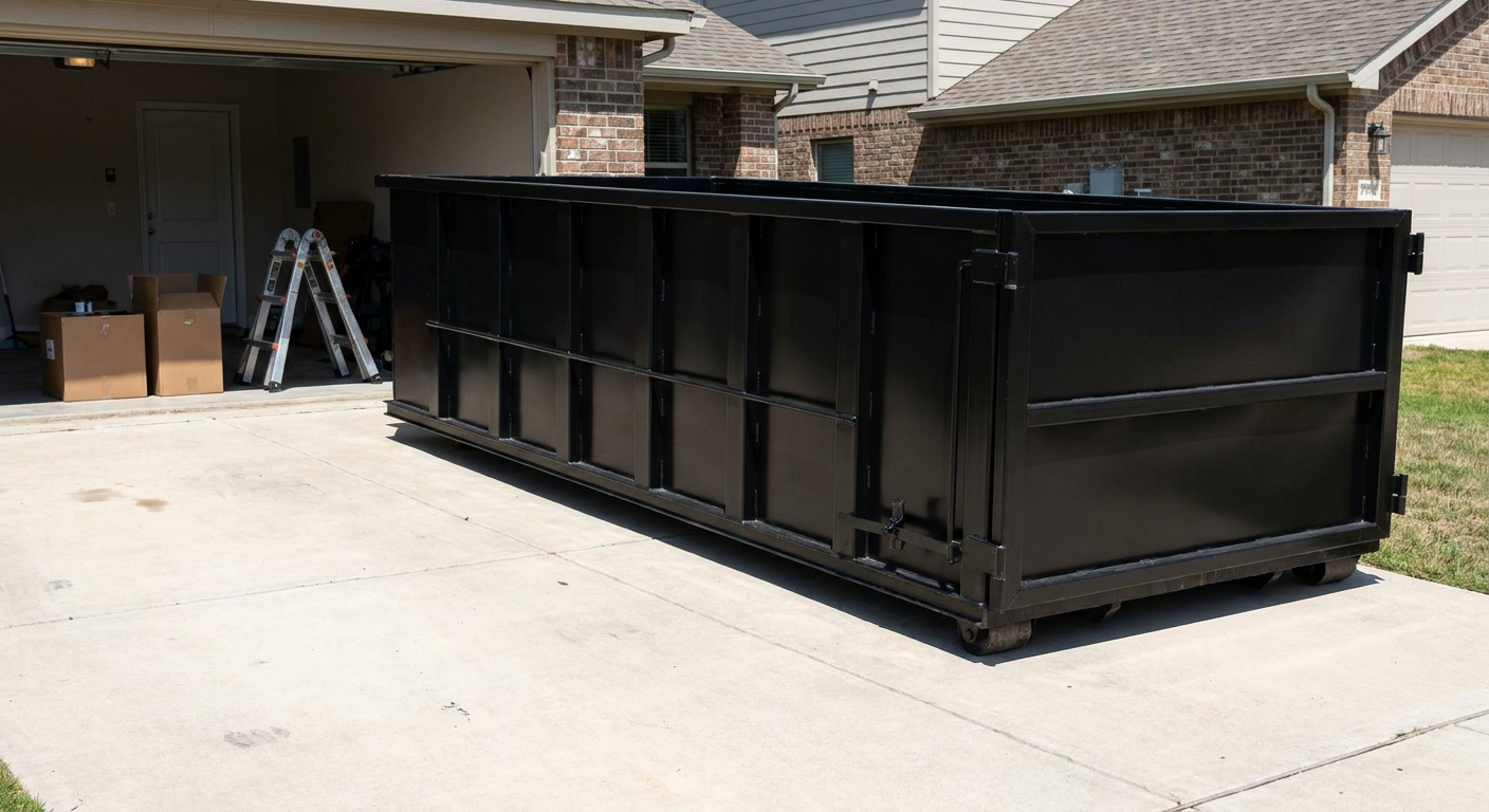 A matte-black 10-yard roll-off dumpster sitting directly on a residential Palm Bay concrete driveway, mid-day sunlight, clean and ready for a garage cleanout.