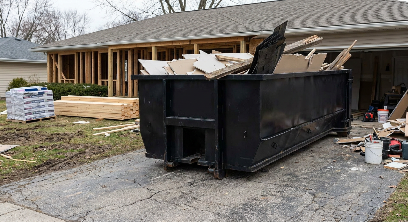 A matte-black 20-yard roll-off dumpster placed alongside a mid-renovation Palm Bay home directly on the asphalt driveway, with framing materials and torn-off shingles staged neatly nearby.