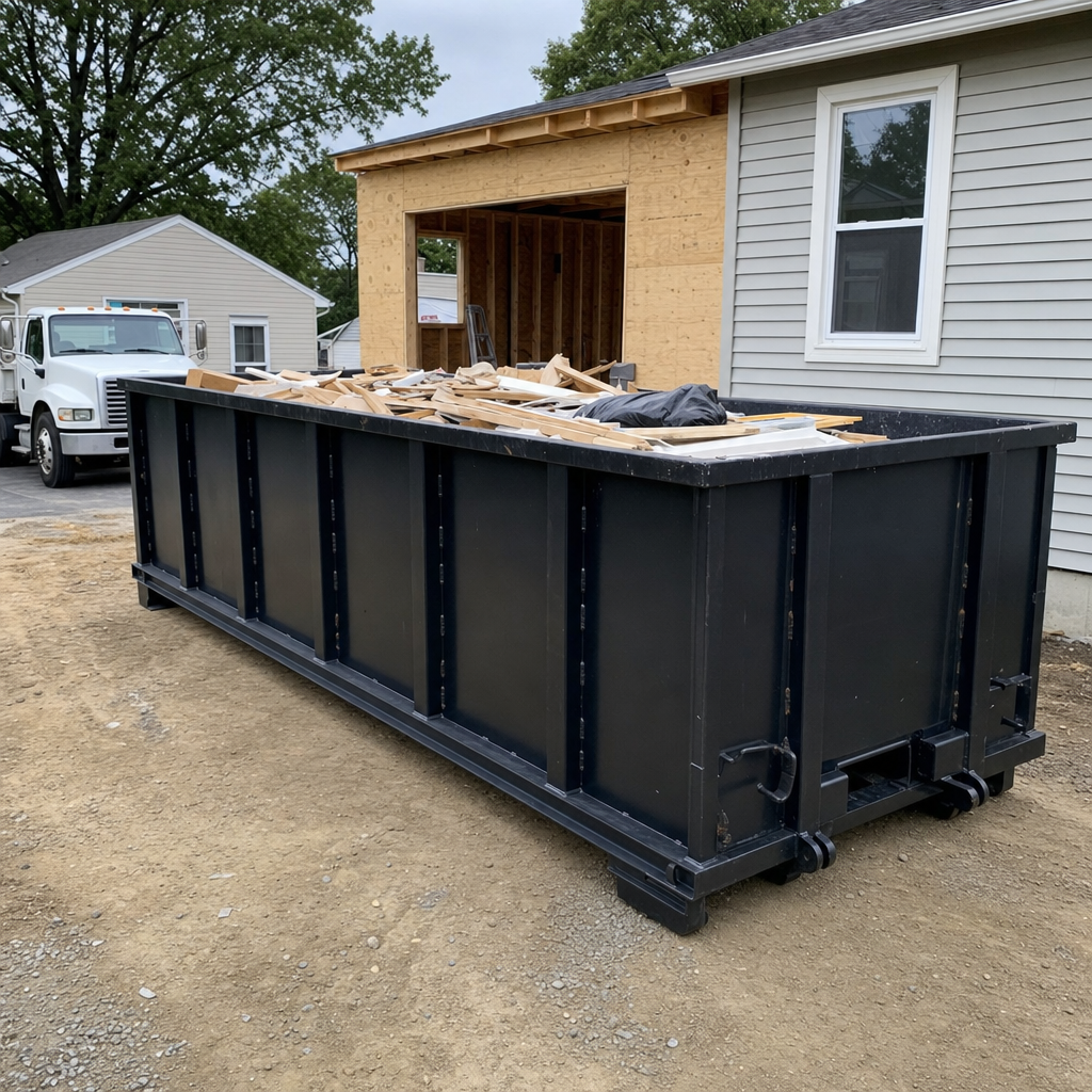 A matte-black 30-yard roll-off dumpster positioned at a Palm Bay residential addition jobsite, with framing lumber and drywall scraps loaded through the open swinging rear doors.