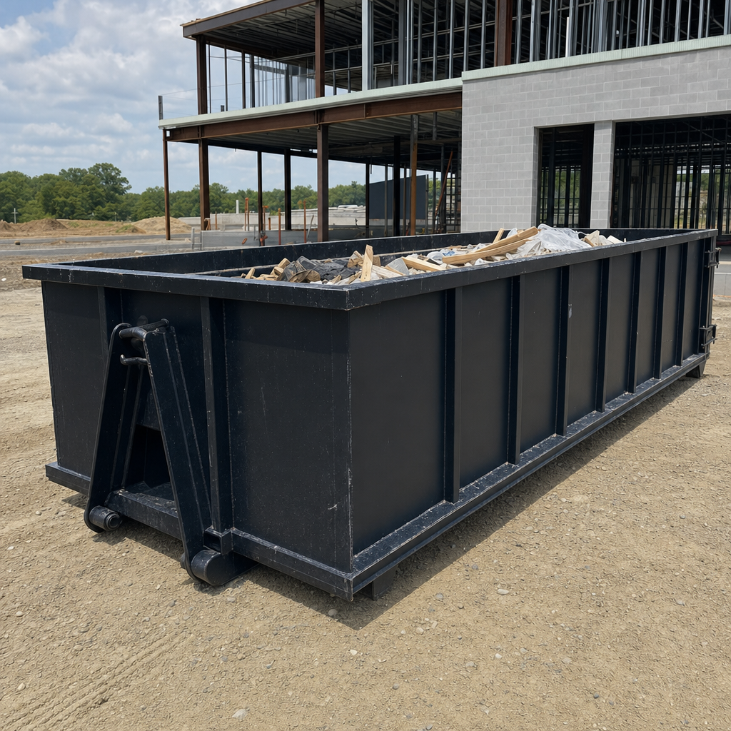 A matte-black 40-yard roll-off dumpster staged on a large Palm Bay commercial construction lot, with a hooklift delivery truck parked alongside under bright midday sky.