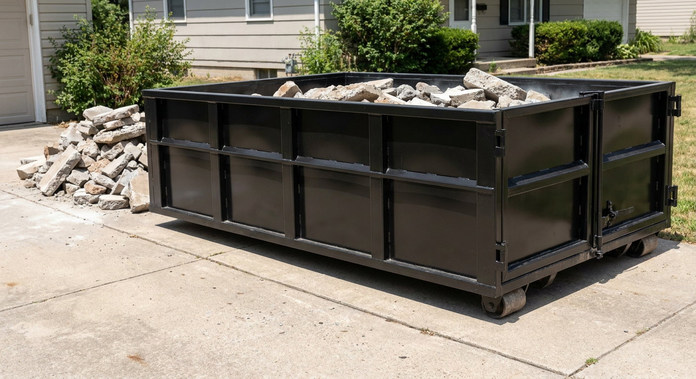A matte-black low-side heavy-debris roll-off dumpster placed directly on a Palm Bay concrete driveway, with broken concrete chunks neatly stacked beside it under clean daylight.